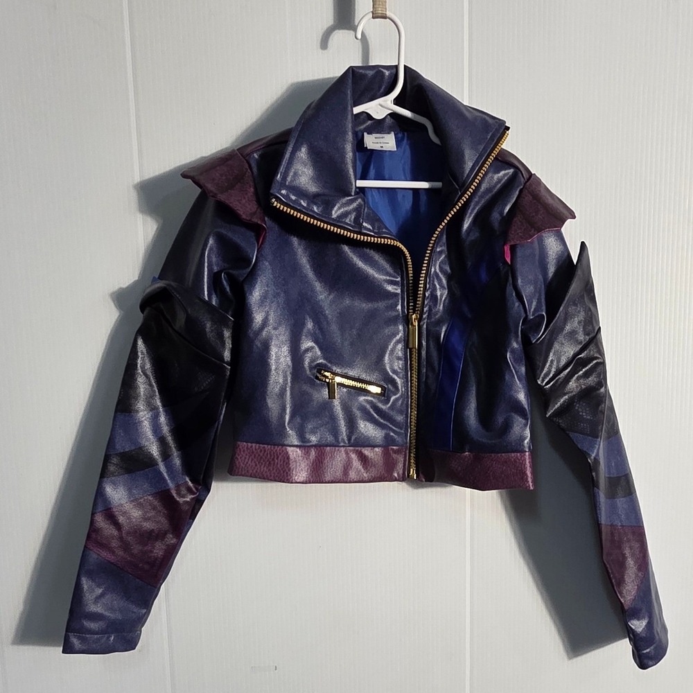 Disney Descendants 3 Mal Purple Faux Leather Moto Jacket Kids Medium Heart Back - Picture 2 of 7